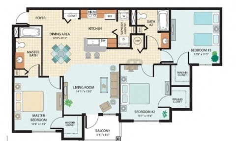3 Bedroom Floor Plan at Booker Creek Apartments in St. Petersburg, FL